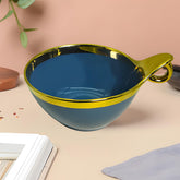 Elegant Blue Ceramic Deep Serving Bowl – 18cm Snack & Salad Bowl with Gold Rim & Hook Handle